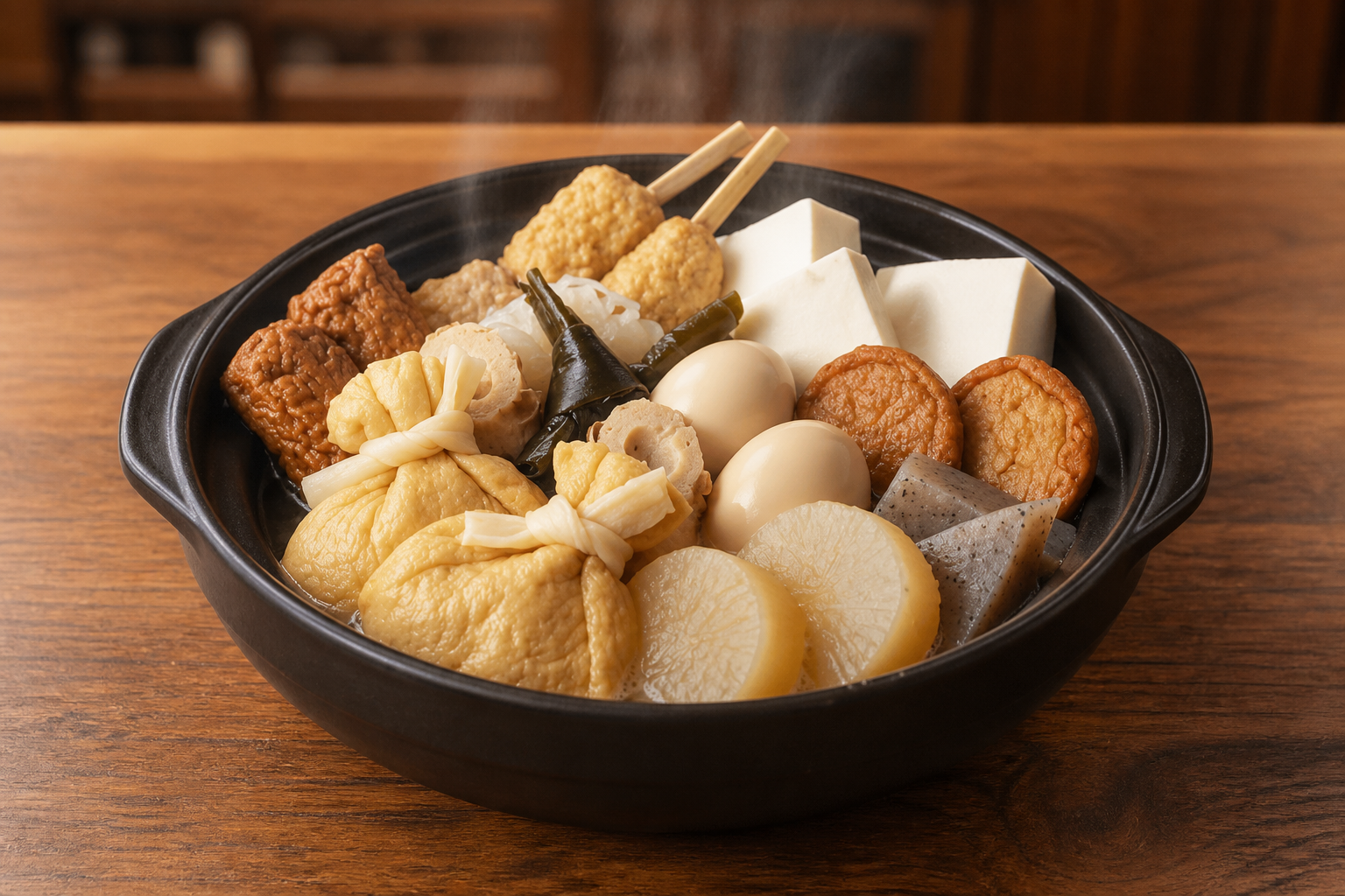 完整黑陶碗盛装的日式关东煮居酒屋料理